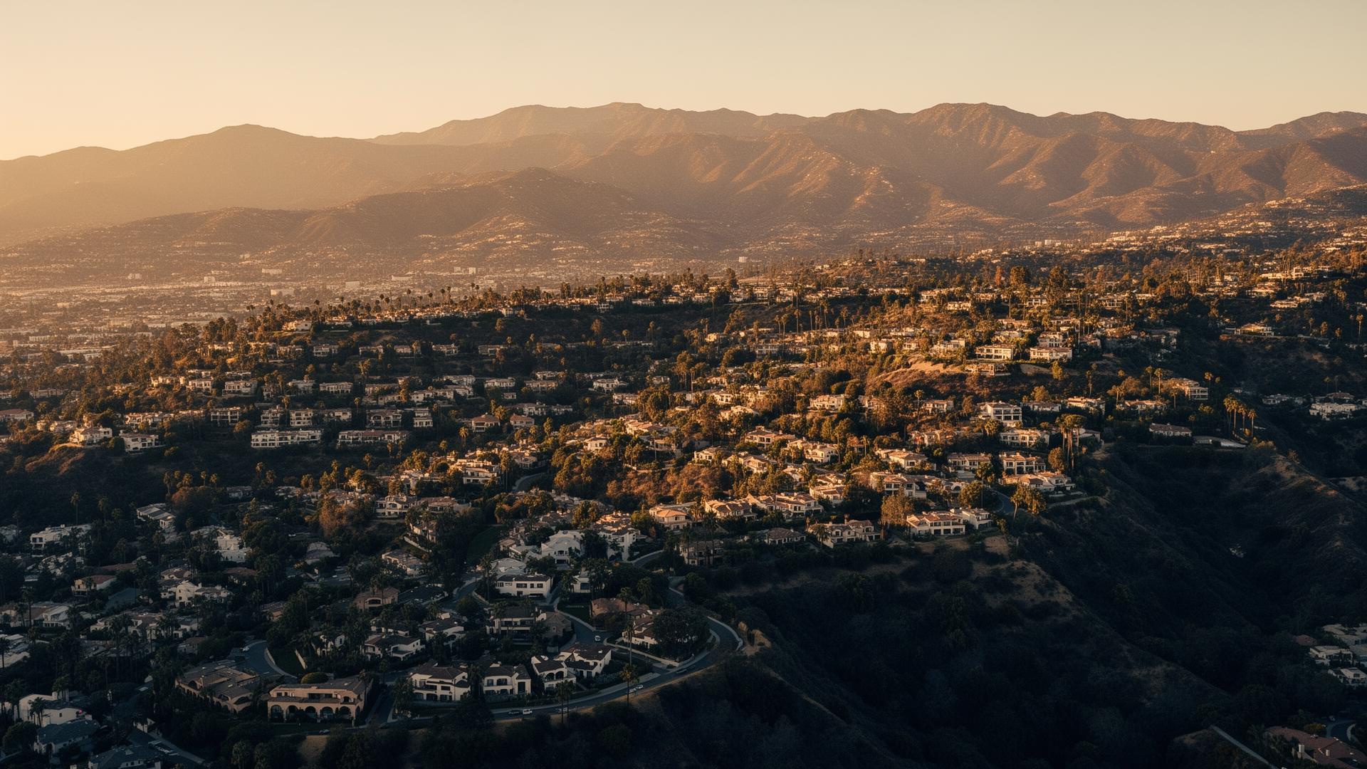 Aerial view of Escondido California hillside at golden hour