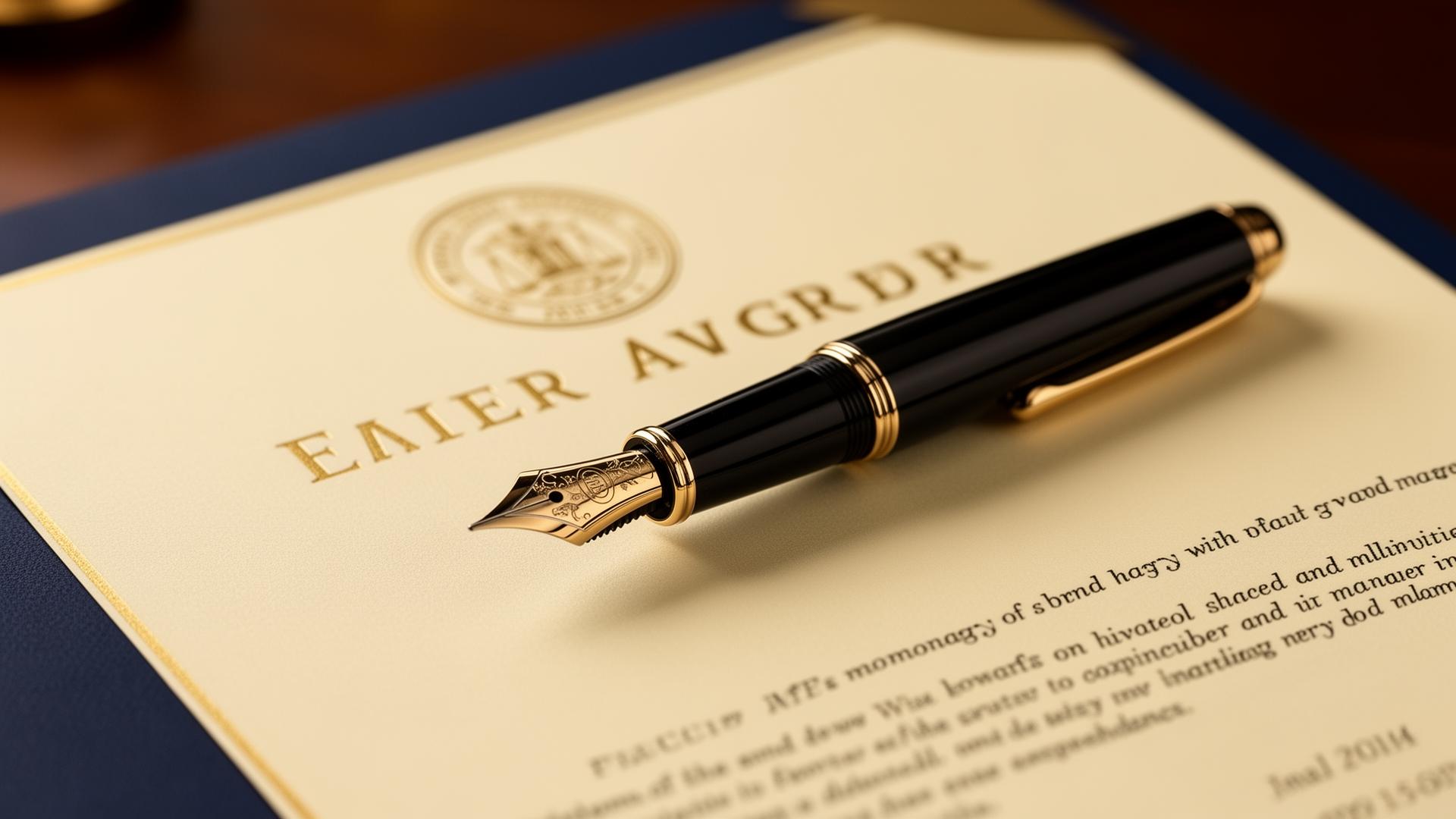 Fountain pen resting on a notarized legal document